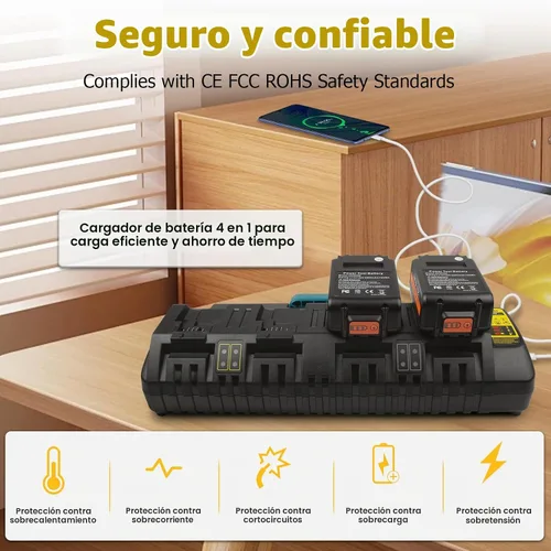 Vista 5 de PENGJBATTER DCB104 Cargador rápido de 4 puertos con puerto USB compatible con DeWalt 20V/60V Max Batería DCB206 DCB208 DCB205 DCB606 DCB609Y DCB612
