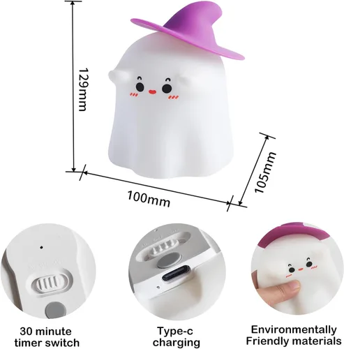 Vista 2 de Luz nocturna fantasma para niños: bonita lámpara LED - Luz nocturna de silicona regulable para guardería - Lámpara táctil de noche de noche
