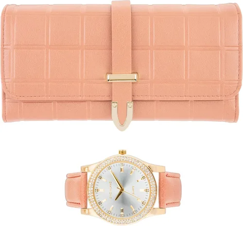 Vista 9 de Reloj de pulsera de cuero dorado para mujer y cartera de tres pliegues a juego