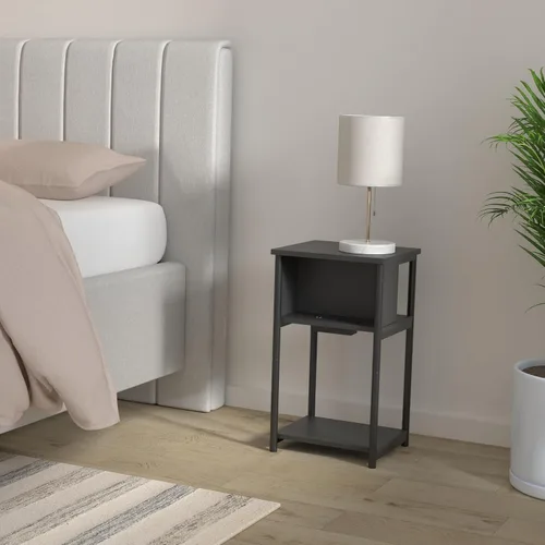 Vista 2 de VASAGLE Mesa auxiliar con estación de carga, mesa auxiliar de 3 niveles con puertos USB y tomas, mesita de noche para sala de estar, dormitorio