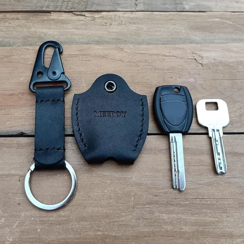 Vista 4 de Funda de cuero hecha a mano para llave de coche para llave rota Funda para llave de coche para hombres y mujeres (Negro)