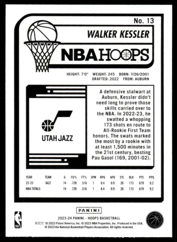 Vista 2 de 2023-24 Panini Hoops #13 Walker Kessler NM-MT Utah Jazz Basketball Trading Card
