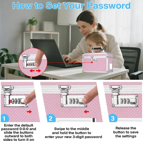 Vista 8 de LOCKCURX Caja de almacenamiento con cerradura de 11 x 7 x 8.3 pulgadas con cerradura de combinación, caja fuerte portátil para documentos