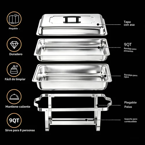 Vista 2 de Juego de Bandejas Calentadoras (Chafing Dish) para Buffet de 4 Piezas, Bandeja de Comida Rectangular Plegable de Acero Inoxidable de 8 Cuartos