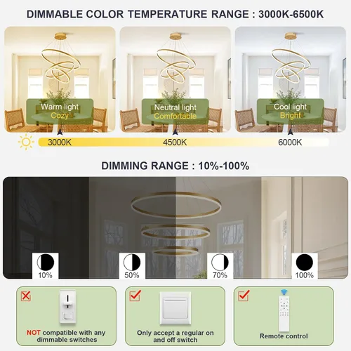 Vista 58 de Benkut Lámpara de Araña de Anillo LED Moderna Negra para Comedor, Lámpara de Araña de Techo Circular Empotrada Regulable con Control Remoto