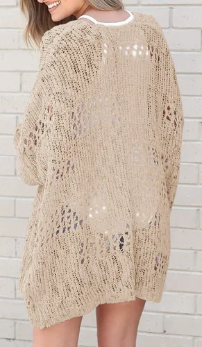 Vista 3 de Mafulus - Cárdigan de ganchillo para mujer, diseño de kimono abierto en el frente, estilo bohemio, de manga larga, ligero, suave, tamaño más grande