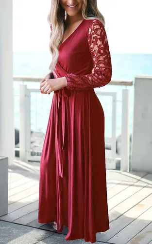 Vista 4 de Kranda - Vestido largo de fiesta con manga larga de encaje floral, estilo vintage, cuello en V y frente cruzado falso para mujer