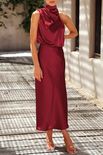 Vista 6 de PRETTYGARDEN Vestido de satén de verano 2024 para mujer, elegante, sin mangas, con cuello alto falso, para cóctel, fiesta, maxi vestidos