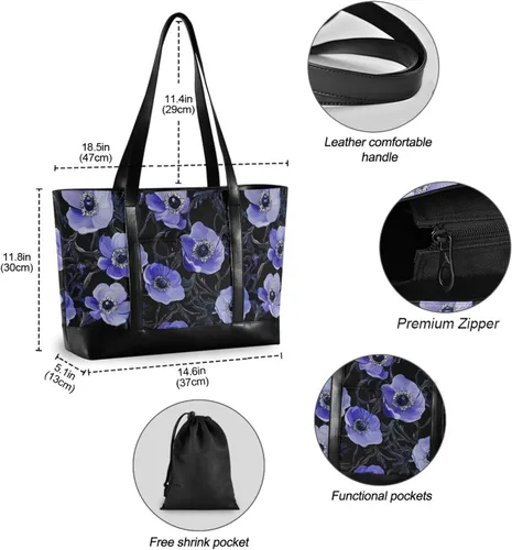 Vista 6 de Arte púrpura anémona flor negro esencial bolsa de computadora para las mujeres con cremallera bolsa de mano para viajeros con mujeres trabajo