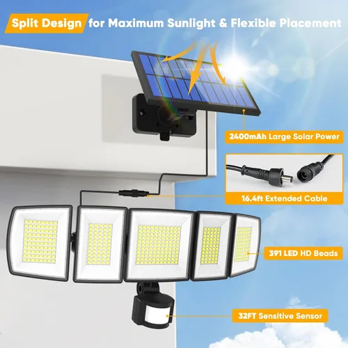 Vista 2 de MDCMDCM Luces solares de movimiento para exteriores – con cable de 16.4 pies, 3000 lm luces LED de seguridad para exteriores del atardecer al
