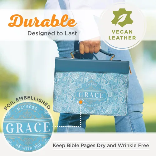 Vista 3 de Christian Art Gifts Funda de cuero vegano verde azulado para la Biblia para mujer: God's Grace Be with You - Funda de transporte inspiradora