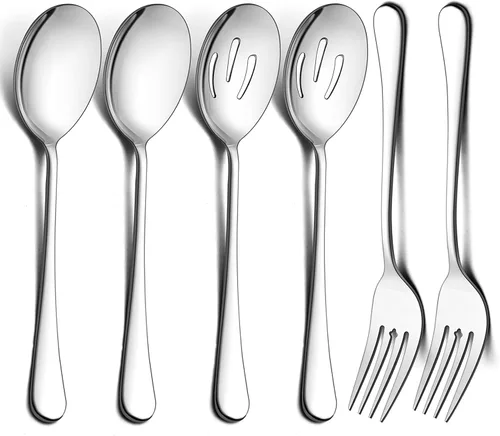 Vista 9 de LIANYU Juego de 6 cucharas y tenedores negros para servir, 8 3/4 pulgadas, acero inoxidable, para bufé, catering, fiesta, banquete, servir, tenedor