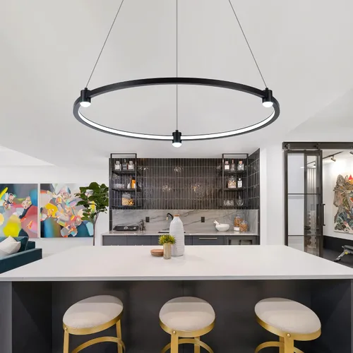 Vista 7 de Lámpara colgante LED moderna regulable de 23.6 pulgadas, color negro, 1 anillo circular, para sala de estar, comedor, cocina, oficina, vestíbulo
