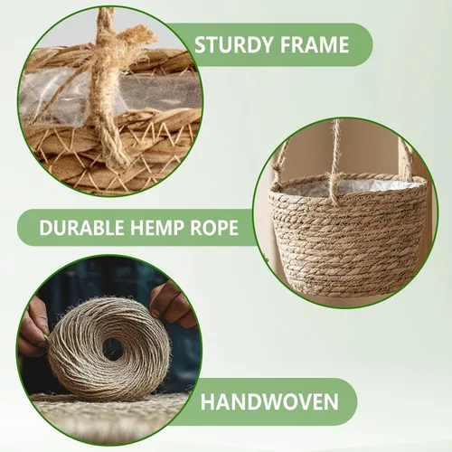 Vista 3 de Maceta colgante de yute tejido de calibre pequeño de 8 pulgadas, cesta para plantas de pastos marinos, soporte decorativo para plantas, ideal