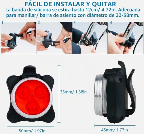Vista 4 de Juego de luces para bicicleta recargables USB, faro delantero LED y luz trasera, luz de bicicleta impermeable, 4 modos, silicona y plástico, LED
