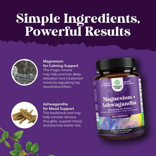 Vista 5 de Pure Calm - Suplemento relajante de glicinato de magnesio con Ashwagandha, magnesio para apoyo al estrés y facilidad de descanso para adultos