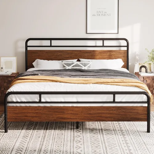 Vista 9 de Allewie Base de cama de plataforma de tamaño completo con cabecera y pie de cama de madera, soporte de 13 listones de metal resistente