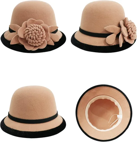 Vista 4 de Sombrero campana con flor, estilo vintage de los años 20 para usar en el invierno, la iglesia