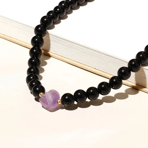 Vista 4 de Collar de cuentas de obsidianaamatista de cuarzo negro para mujeres y hombres, equilibrio, meditación, energía, cristal y piedras preciosas, Piedra