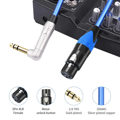 Vista 3 de Paquete de 2 cables equilibrados XLR hembra a ángulo recto de 1/4 pulgadas TRS para micrófono, 1 pie, cable de audio estéreo macho a XLR hembra, 6N