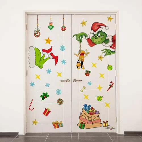 Vista 9 de Adhesivo decorativo para puerta de Navidad, calcomanías de puerta de vidrio de temporada extraíbles con calcomanías de copo de nieve para ventana