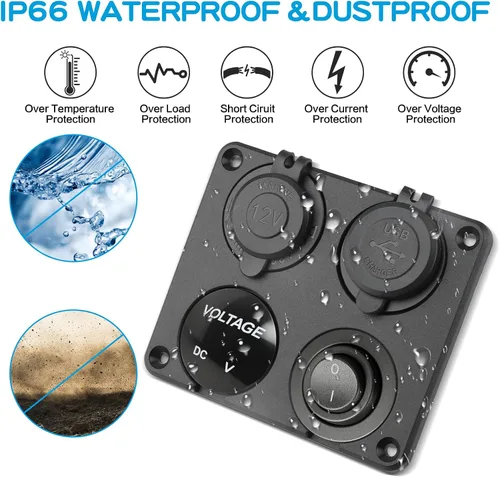 Vista 3 de Panel de cargador USB de 12 V con puertos PD de 30 W y doble QC3.0 de 18 W: 4 en 1 salida USB RV de aluminio impermeable, enchufe de encendedor