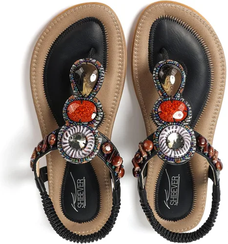 Vista 2 de SHIBEVER - Sandalias planas de verano para mujer, cómodas, informales, de playa, estilo bohemio, con cuentas