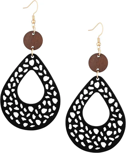 Vista 16 de Bohemian Hollow Cut-Out Wood Leather Dangle Drop Earrings, Boho Chic Hippie Statement Jewelry Gift for Women S01A