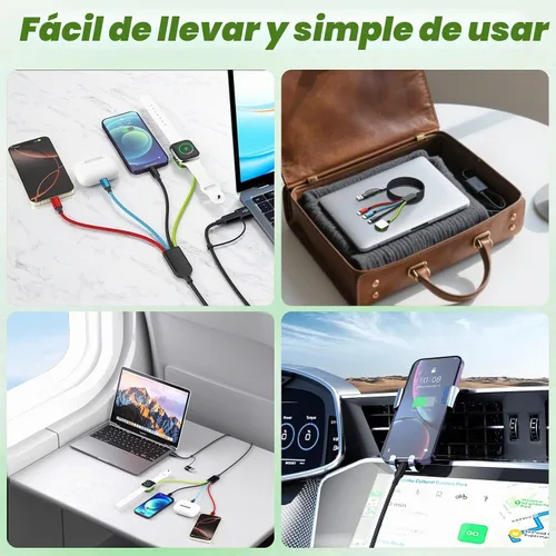 Vista 3 de Travel Essentials - Cargador de Apple Watch, cable de carga múltiple 4 en 2 con doble tipo C, cargador de viaje USB A/C para múltiples dispositivos