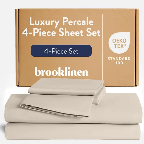 Vista 11 de Brooklinen Juego de sábanas de percal de lujo, 4 piezas, sábanas de cama 100% algodón, 1 sábana bajera y 1 sábana encimera, 2 fundas de almohada