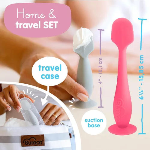 Vista 3 de Mini BabyBum - Brocha de crema para rozaduras. Aplicador de crema para rozaduras hecho de silicona suave, Rosado y gris