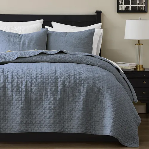 Vista 13 de palassio - Juego de ropa de cama, 100% algodón, tamaño individual, 1 fundas de almohada, colcha ligera texturizada, estilo chic desgastado, suave