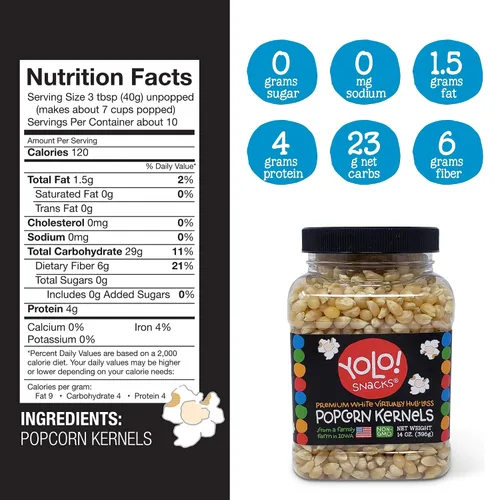 Vista 2 de YOLO! Snacks - Granos de palomitas de maíz gourmet blancos prácticamente sin cáscara, granos pequeños, sin OMG, 14 onzas (paquete de 3)