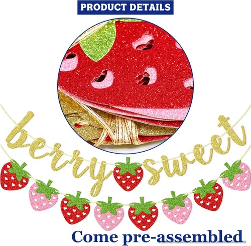 Vista 4 de Banner dulce de fresa y bayas, decoraciones de fiesta de fresa Suministros de fiesta temática de bayas de verano con purpurina dorada para baby