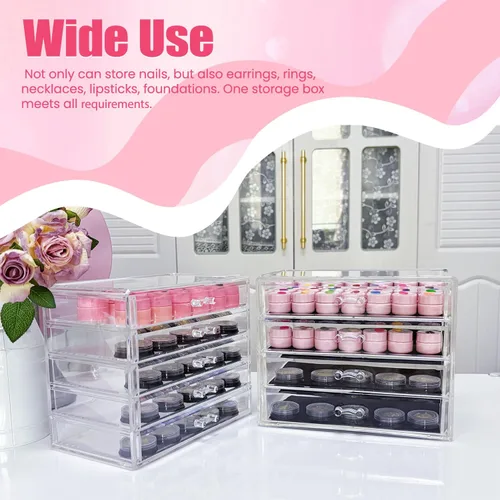 Vista 5 de Caja de almacenamiento de 4 niveles para decoración de arte de uñas, organizador acrílico para maquillaje y joyería con cajones, almacenamiento