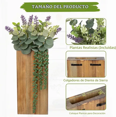 Vista 2 de Macetas de pared de madera, paquete de 2 con plantas de vegetación artificial - jarrones de pared de bolsillo para flores secas - decoración