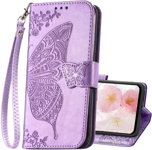 Vista 10 de Funda para teléfono Galaxy A14 5G, funda de piel sintética en relieve de mariposa con tarjeteros para tarjetas de crédito, correa de muñeca