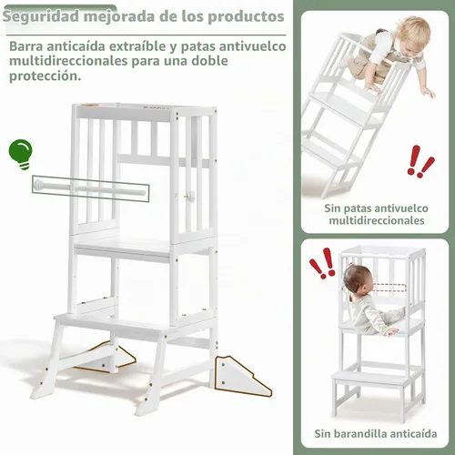 Vista 4 de COSYLAND Torre de pie para niños pequeños, taburete de cocina de altura Blanco