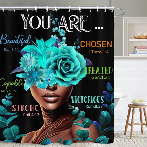 Vista 43 de Cortina de ducha inspiradora afroamericana de 60 pulgadas de ancho por 71 pulgadas de alto, con citas motivacionales positivas de la Biblia, tela