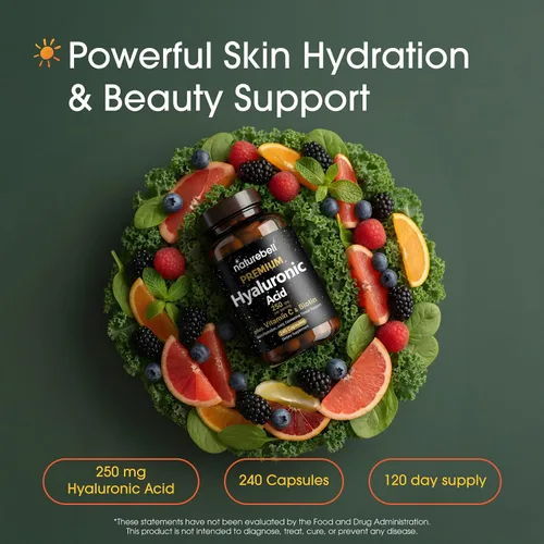 Vista 2 de NatureBell Suplementos de ácido hialurónico, 250mg de ácido hialurónico con 25mg de vitamina C por porción, 200 cápsulas, apoya la hidratación