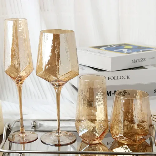 Vista 3 de Copas de vino ámbar vintage, juego de 2 copas de vino de tallo largo, copas de champán, copas de copa sin plomo, elegantes copas de vino ideales