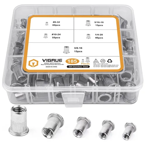 Vista 7 de Surtido de tuercas remachables SAE, VIGRUE 185 piezas #8-32#10-24 1/4"-20 5/16"-18 3/8"-16 304 Tuercas de inserción roscadas de acero inoxidable