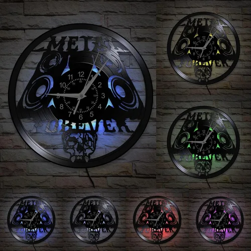Vista 2 de Reloj de pared de música de metal pesado, 12 pulgadas, 7 tipos de reloj de pared LED de música rock, reloj de pared de cuarzo silencioso sin tictac