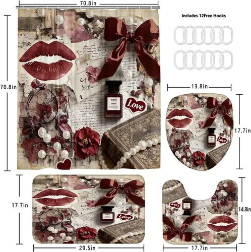 Vista 6 de DDQQ Juego de 4 Piezas de Cortina de Ducha de Labios Sexy para Mujeres con Lazo de Perlas, Juego de Decoración de Baño, Cortinas de Baño de Perfume