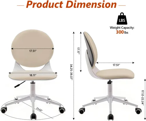 Vista 2 de Silla moderna de oficina en casa, silla de escritorio de tela de piel sintética sin brazos con respaldo medio, silla giratoria de altura ajustable