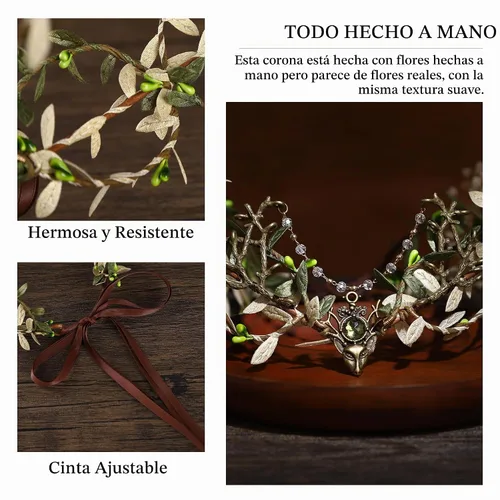 Vista 6 de MOSTORY Corona de hoja de bosque hecha a mano, pieza de elfo de bosque, hada, rama verde, tiara, círculos de vid élfica con borla de diamantes
