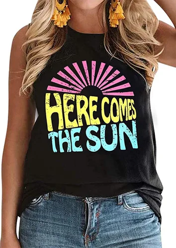 Vista 3 de Uniqueone- Camiseta sin mangas con texto en inglés "Here Comes The Sun" y gráfico de sol.
