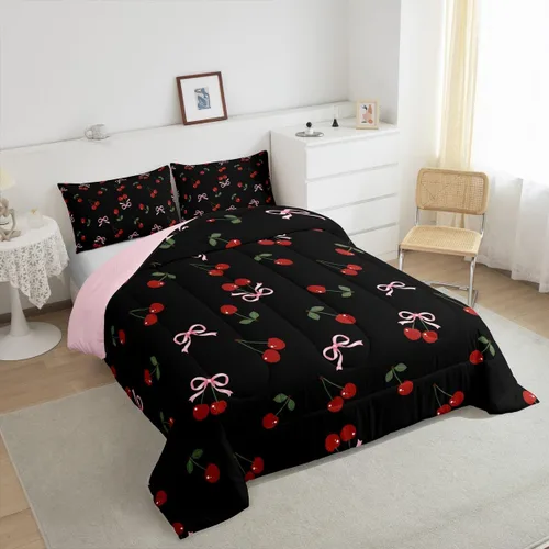 Vista 5 de Feelyou Juego de ropa de cama con lazos bonitos y cerezos, tamaño individual, para niños, juego de edredón con lazos de acuarela para niños, niñas