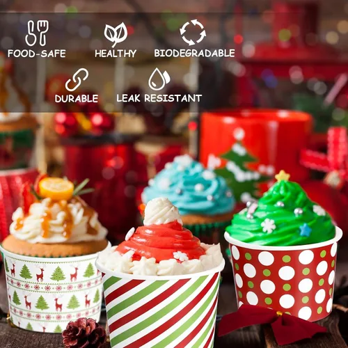 Vista 2 de Sliner 60 piezas de cuencos desechables de postre de Navidad de 9 onzas, tazas de golosinas y aperitivos de Navidad de copos de nieve navideños