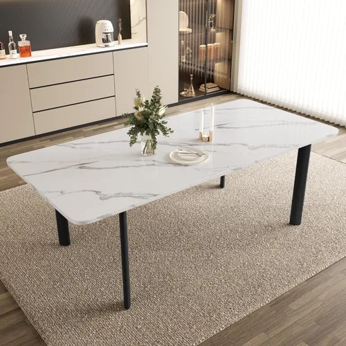 Vista 7 de HIPIHOM Mesa de comedor extensible para 6-8 personas, mesa rectangular de 63 a 78.7 pulgadas, MDF blanco con patas de metal resistentes, ahorro